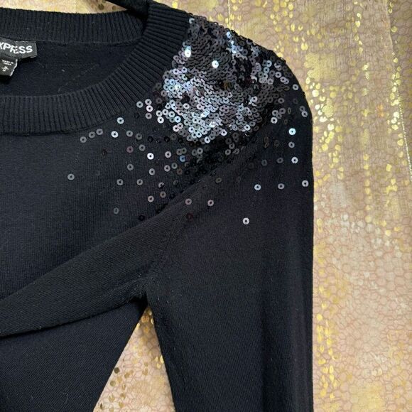 Express Black Sequin Shoulder Long Sleeve Sweater Top Medium - Picture 5 of 6